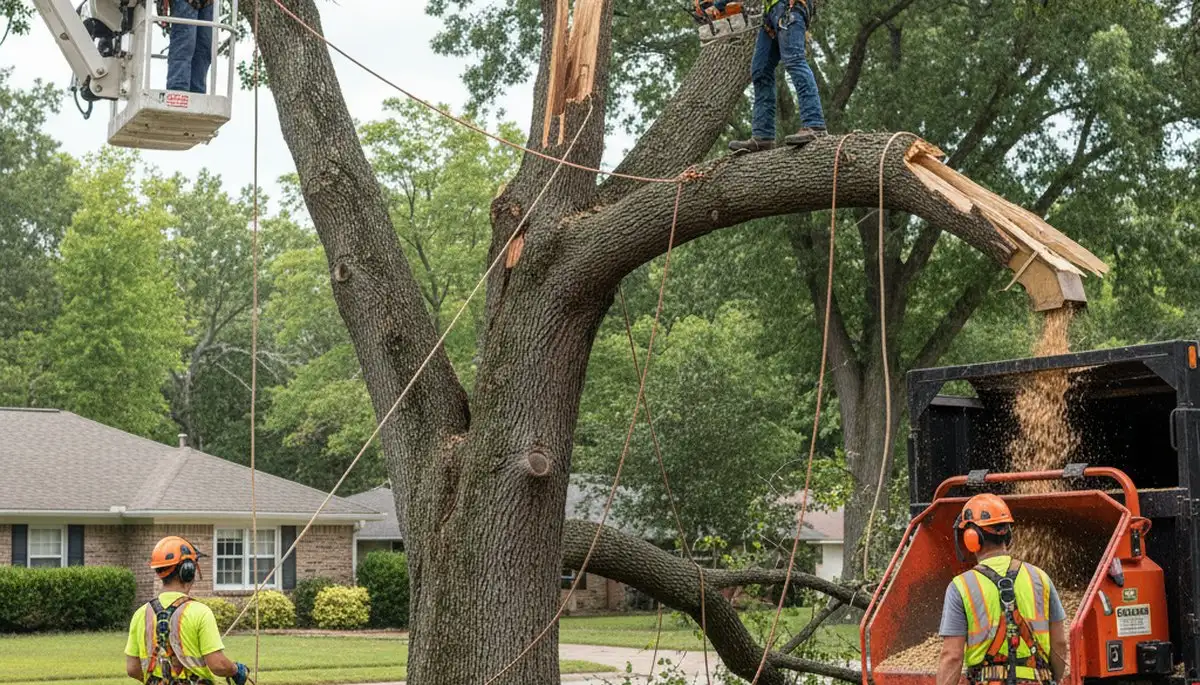 Emergency tree crew removing storm-damaged tree in West Palm Beach, FL