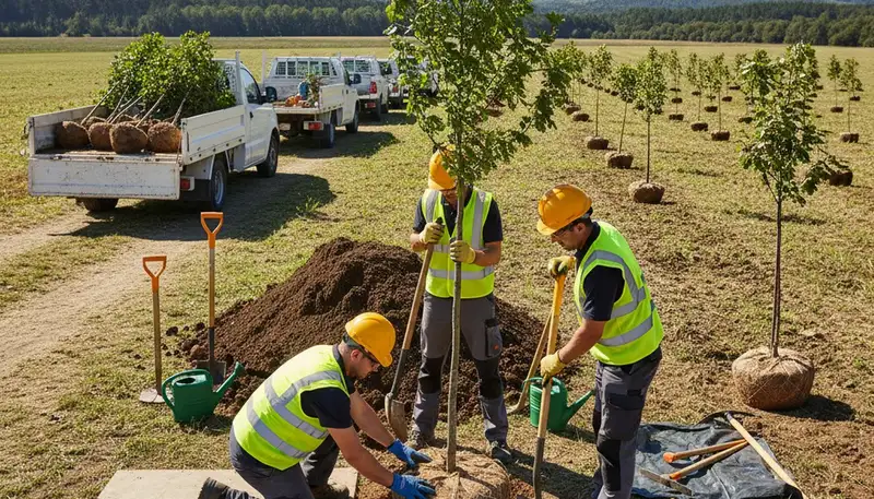 West Palm Beach tree planting service setting healthy young trees in a landscaped yard