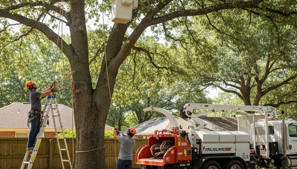 Tree removal crew clearing a risky tree in West Palm Beach, FL after storm damage