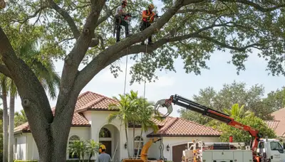 Tree service crew in West Palm Beach, FL performing professional tree removal on a residential property