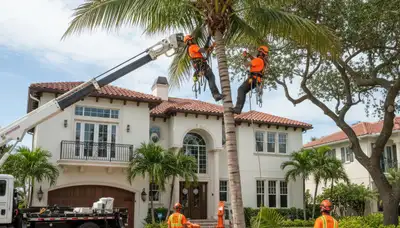 Tree service crew in West Palm Beach, FL performing professional tree removal and trimming cleanup