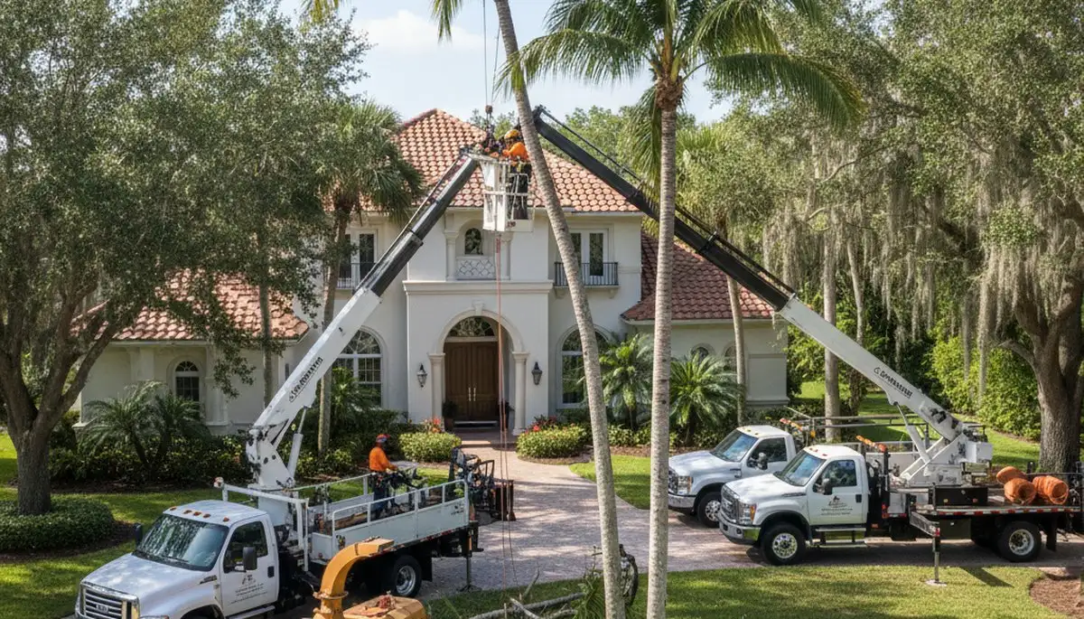 Tree service crew trimming a palm tree in West Palm Beach, FL