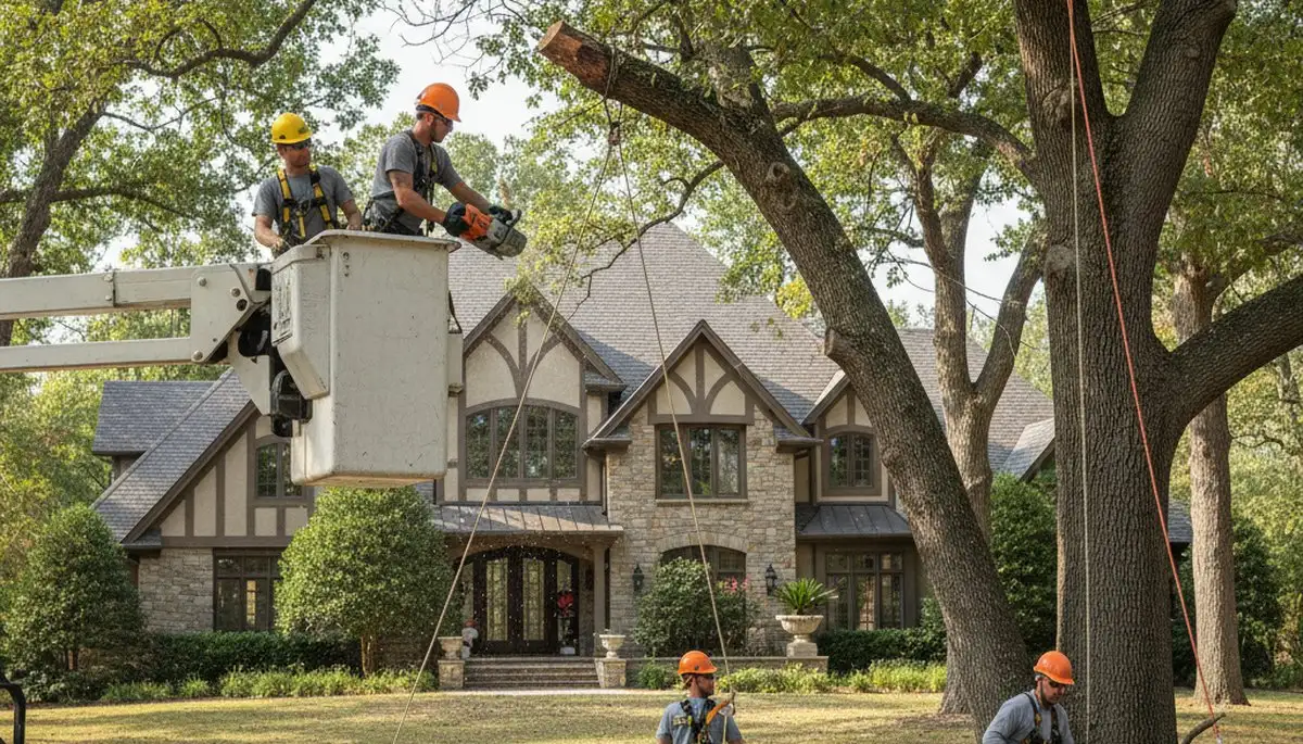 Tree service crew in West Palm Beach, FL removing a tree for a residential property