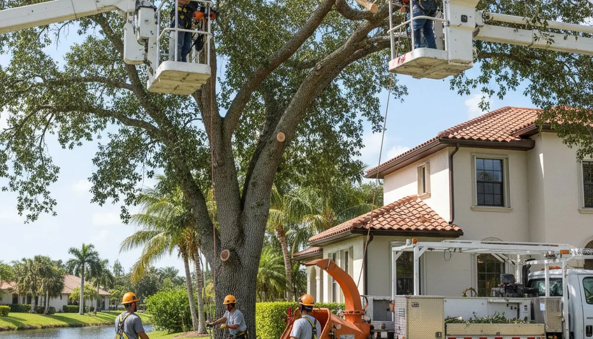 Tree service crew removing a tree in West Palm Beach, FL for safe property cleanup