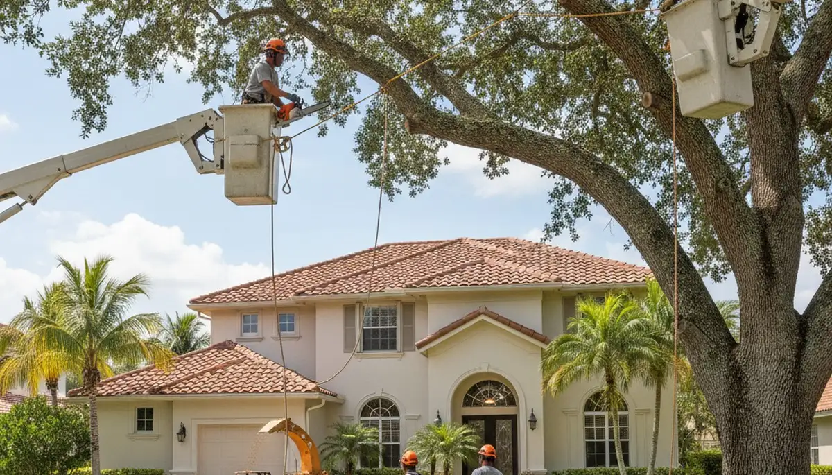 Tree service crew in West Palm Beach, FL removing a tree for safe property clearance