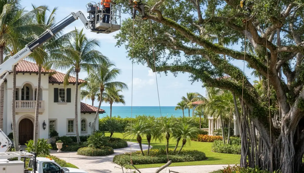 Tree service crew in West Palm Beach, FL handling professional tree removal and trimming on a property
